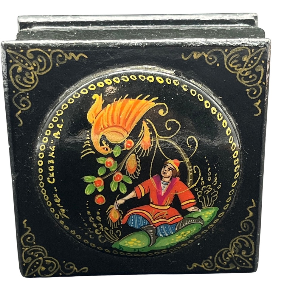 Vintage Russian Palekh Lacquer‎ Box Hand Painted Firebird Folk Tale Black Red